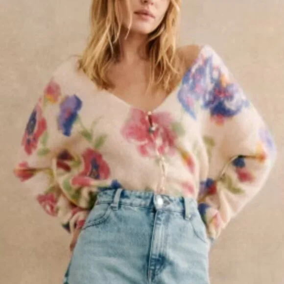 NEW Sezane Teresa Cardigan Monday Pink Cream Kid Mohair Sweater Knit French - Picture 2 of 12